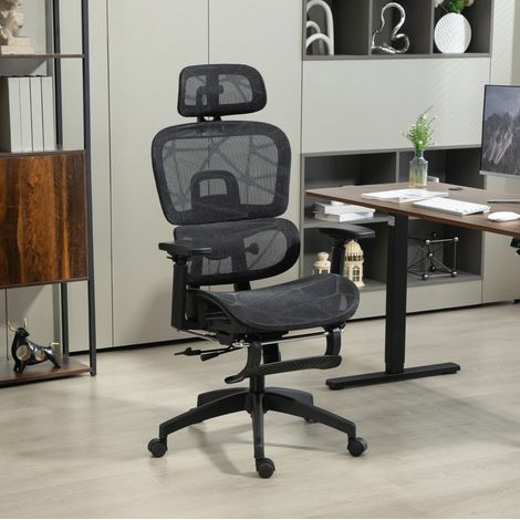 CHICFURN Sedia da ufficio ergonomica nera in rete traspirante con poggiatesta e poggiapiedi (1/5)