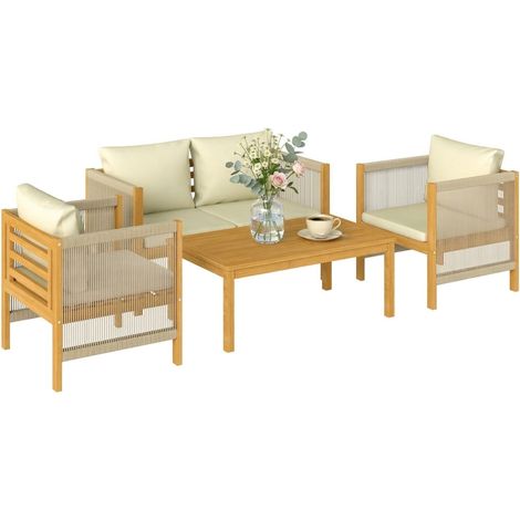 Salon de Jardin Ensemble de Mobilier 4 Pièces en Bois d'Acacia Coussins Déhoussables et Corde Tressée Naturel (1/5)
