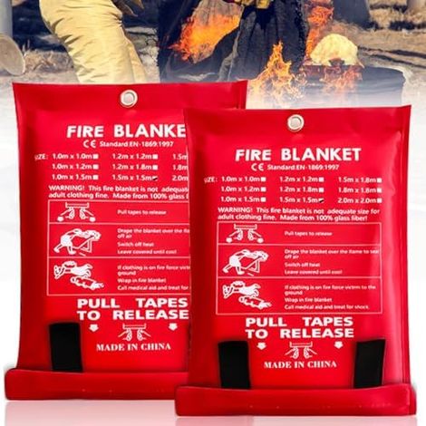 Lot de 2 couvertures Anti-feu, 150 x cm, Couverture extinctrice réutilisable en Tissu Fibre Verre, sécurité pour la Cuisine, cheminée, Barbecue, Voiture, Camping, Maison, Caravane -