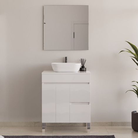 Meuble de salle de bain 80cm sur pieds avec plateau et une cuve à poser arrondie - portes et tiroirs - blanc - HARO (1/5)