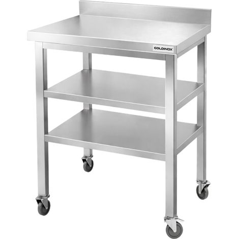 Table de travail en inox Bar 500x500 mm avec 2 étagères inférieures et dosseret sur roulettes PREMIUM - GOLDINOX (1/4)