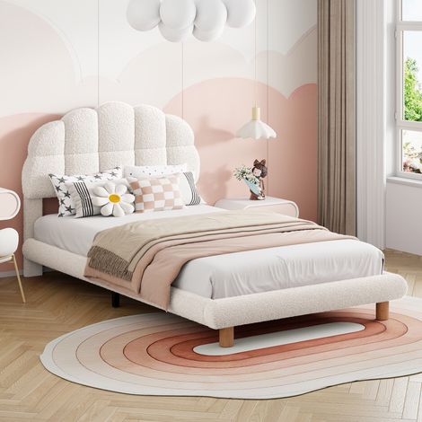 Polsterbett 90x200 cm mit Teddy-Kopfteil im modernen Design, Fleece, Weiß