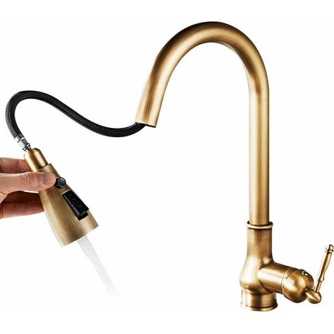 Robinet de cuisine (pulvérisateur 2 fonctions) vintage en laiton bronze antique à trou unique avec pulvérisateur rétractable (1/5)
