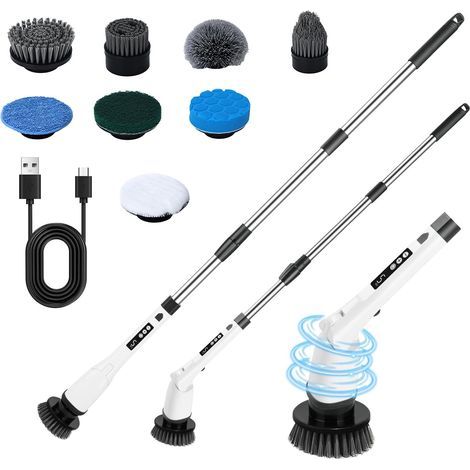 Electric Rotating Brush, Rechargeable, 8 Interchangeable Heads, 5 Speeds, Telescopic Handle, IPX7, Bathroom Kitchen Car (1/5)