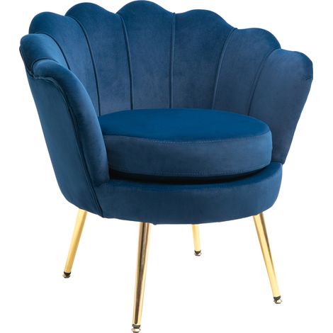 Poltrona lounge in velluto, poltrona a forma di conchiglia con gambe in metallo dorato per camera da letto, blu