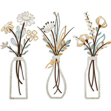 Dreiteiliges Set aus floralen Wanddekorationen aus Eisen, minimalistische Hängeornamente im Landhausstil für Wohnzimmer, Badezimmer, Schlafzimmer und Esszimmer, farbenfroh
