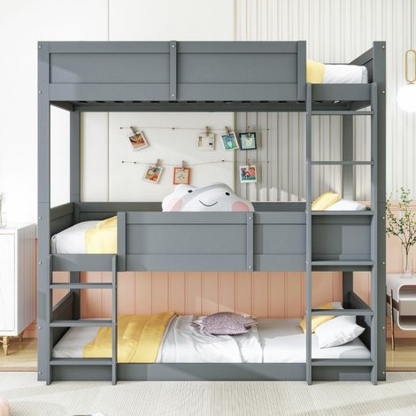 Lit superposé enfant 90x200 cm, design à traverse haute avec protection antichute, lattes en bois massif, peut accueillir 3 enfants, lit mezzanine en bois massif - Gris (1/5)
