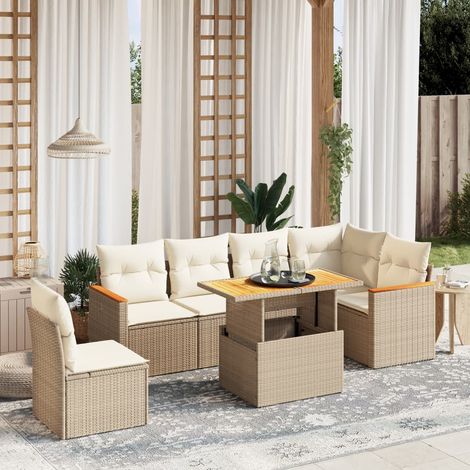 Canapé de jardin 7 pièces en résine tressée beige avec coussins crème, table réglable 100x55 cm et sièges modulables (1/3)