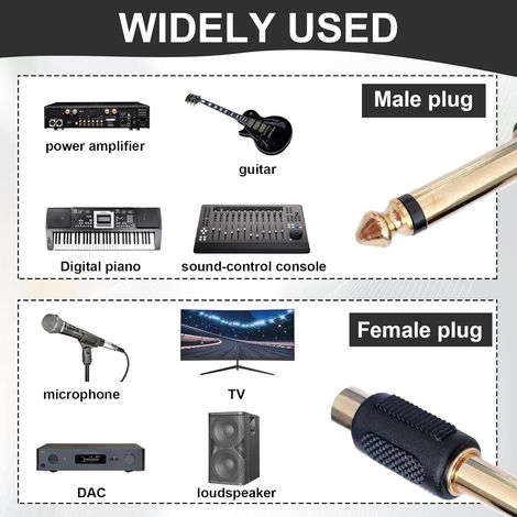 Lot de 6 adaptateurs jack RCA vers jack 6,35 mm, convient pour systèmes audio, caméras, casques, magnétophones et autres appareils