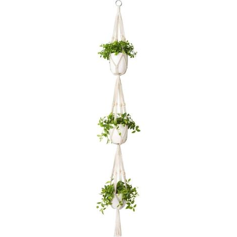 Makramee-Pflanzenampel, 3-stufig, für drinnen und draußen, aus Baumwollseil mit Perlen, 177 cm