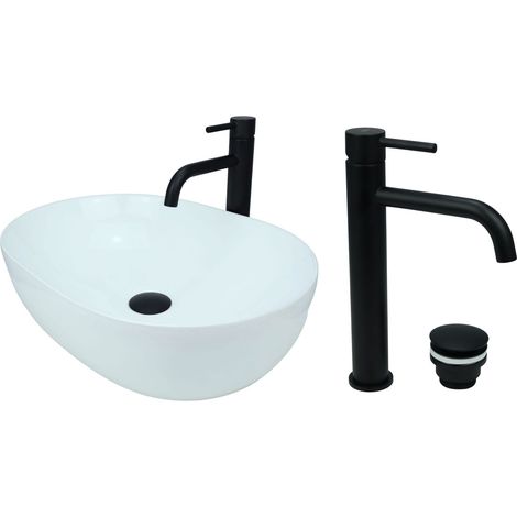 GTM Design Aufsatzwaschbecken 49 cm Glanz Set mit Waschtischbatterie und Stopfen - Aufsatzwaschbecken Oval für Badezimmer - Modernes Waschbecken ohne Hahnloch - Waschbecken mit Armature (1/5)
