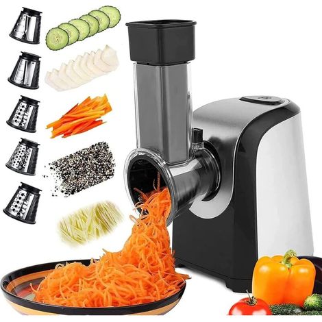 Coupe-légumes électrique 150W,avec 5 cônes,Râpe pour carottes, pommes de terre, concombres, argent noir (1/4)