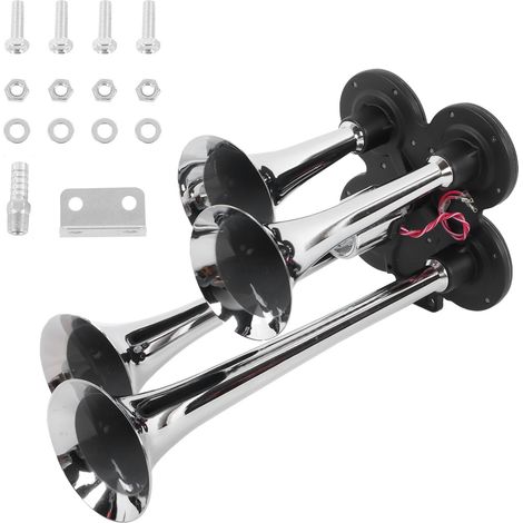 GARRYFIZH Klaxon à air à 4 trompettes 12V/24V, son Super fort de 150db, pour trains, camions, voitures, camionnettes, bateaux