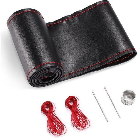 Housse de volant en cuir véritable noir avec surpiqûres rouges pour 37-39 cm rond et D (1/5)