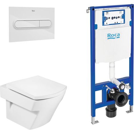 ROCA PACK HALL+DUPLO Inodoro Suspendido Rimless Pulsador Blanco - Asiento: Caida Normal - ref: A346627+A801620004+A890070020+A890195000 (1/2)
