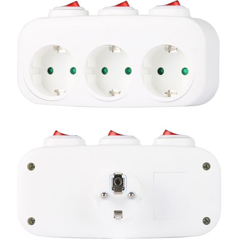 Multiprise murale triplette sans fil 3 prises Schuko – 3 interrupteurs individuels – 16A 3680W – Protection enfant – Plastique ignifuge – Cilia