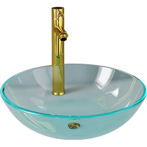 Vasque à poser Lavabo à poser pour salle de bain - avec robinet et drain à poussoir Verre trempé BV413620 - BonneVie (1/5)