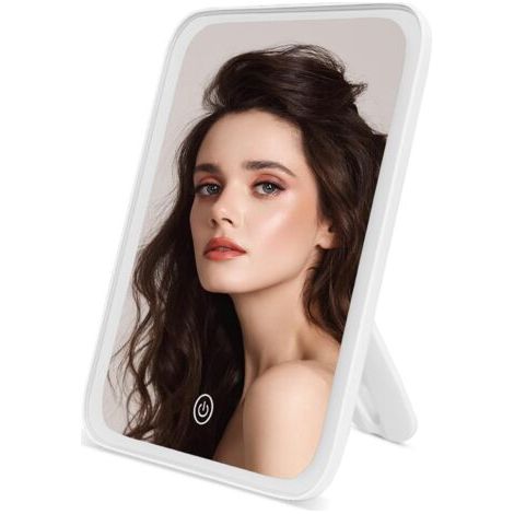 QORVA-Blanc Miroir de Maquillage Lumineux Portable, Miroir de Table avec 37 LED Lumière et Écran Tactile, Miroir de Bureau avec 3 Types de Lumières et Câble USB pour Maquillage et Rasage