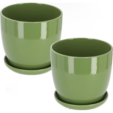 KOTARBAU Lot de 2 pots de fleurs en céramique pour fleurs et plantes Diamètre 13 cm avec bac d'égouttement Vert (1/5)