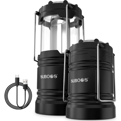 Lot de 2 Lanterne de Camping Rechargeable 3 en 1 - Lampe Solaire Camping avec Batterie Remplaçable, USB-C, AA, Solaire, 15H+ Éclairage LED, Portable pour Randonnée/Urgence (1/5)