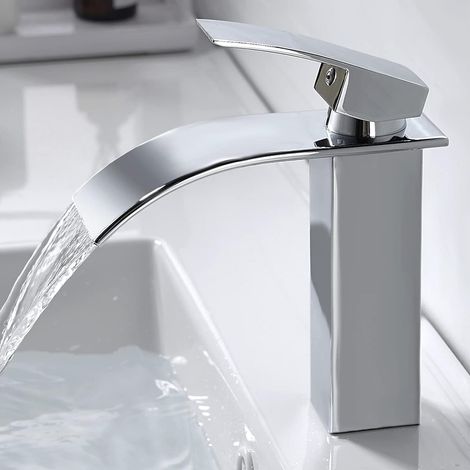 Moderne Robinet Salle de Bain Cascade, Design Elégant Robinet Lavabo, Mitigeur en Laiton, Eau Chaude et Froide Disponible, Robinetterie Chromé G 3/8 (1/5)