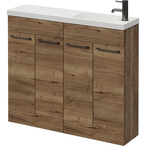 Napoli 250 Tobacco Oak 1000mm 4 Door Vanity Unit with Round Silvo Basin - 1000mm - Gunmetal Grey 160mm Handle