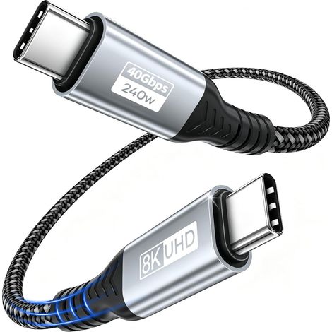 Câble Thunderbolt 4 1.2M, 240W Cable USB C vers USB C Charge Rapide PD3.1 Transfert 40Gbps Câble de Données USB4, Vidéo 8K 4K Display pour iPhone MacBook Moniteur iPad, Gris