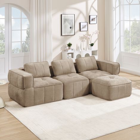 Canapé d’angle modulable 3 places avec pouf, canapé en L en tissu avec assise épaisse et modules séparables pour salon Beige, 271 x 162 x 67 cm (1/5)