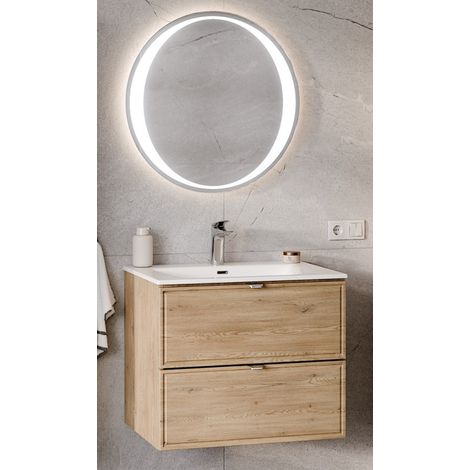 Ensemble Meuble Vasque 60 cm + Vasque encastrée + Miroir LED assorti - L 60 x P 46 x 51,5 cm - Caldera Clair - Livraison gratuite