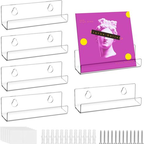 Lot de 6 Support Vinyle Mural en Acrylique Transparent, Étagère Murale Flottantes pour Vinyle, Panneaux, Photos, Livres (10 x 3,5 x 3 cm)