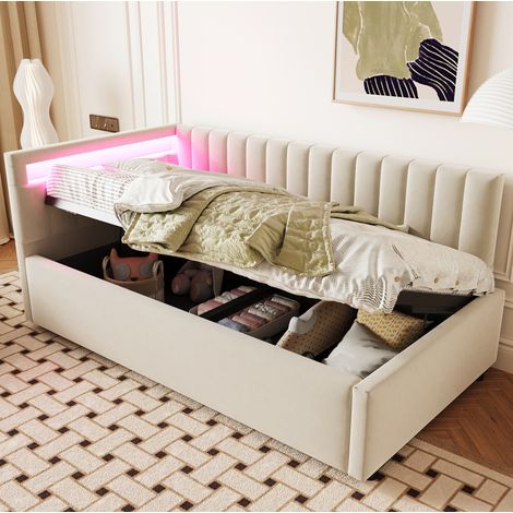 Sofá cama 90x200 cm de terciopelo beige con LED y almacenaje, compacto, sin colchón – MEUBLIV (1/5)