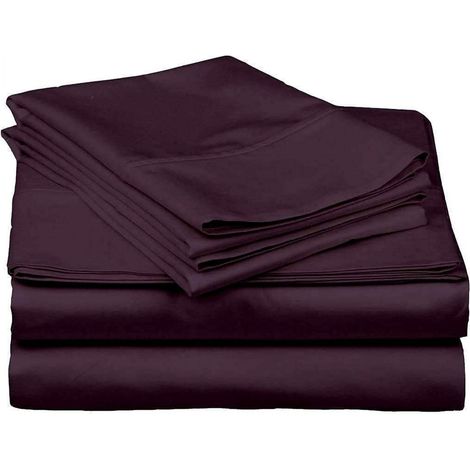 Parure de lit 4 pièces, 8 fils/cm², 1 % coton égyptien satiné, couleur prune unie, taille Queen, qualité hôtelière haut de gamme, convient aux matelas jusqu'à 45 cm d'épaisseur. (1/5)