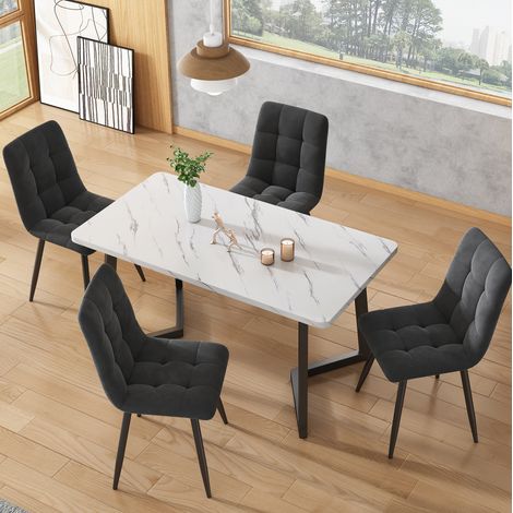 Tavolo da pranzo 117x68x75 cm bianco e nero in MDF con effetto marmo e gambe in ferro, moderno (1/5)