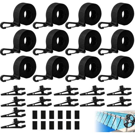 Enrouleur de piscine, lot de 12 bandes de fixation et pinces, sangles de maintien pour film de piscine, bandes de fixation pour système d'enroulement mobile pour bâches de piscine, couvertures (1/5)