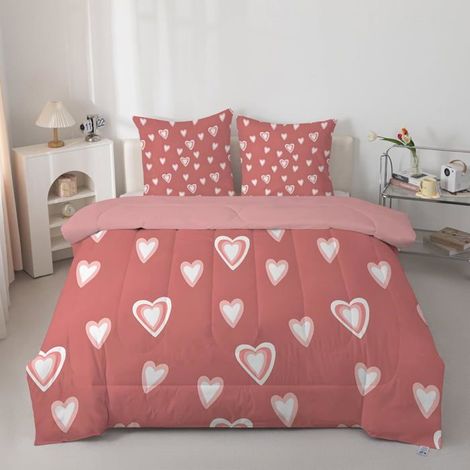 Couette 140x200 cm imprimée à motifs cœurs, sans taie d'oreiller, réversible, lavable en machine, 1 personne, avec taie d'oreiller 65x65 cm. (1/5)
