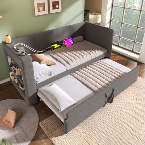 Cama nido tapizada con USB y portavasos gris OKMYHOME (1/5)