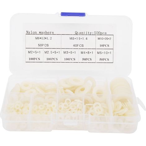 500 Stück Nylon-Dichtungen M2, M2,5, M3, M4, M5, M6, M8, M10, weiße Isolierscheiben für Elektronik und Heimwerkerprojekte (1/5)