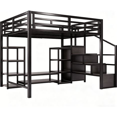 Lit mezzanine 140x200 avec support TV, prise et échelle de sécurité, combinaison métal-bois robuste, lit mezzanine moderne peu encombrant, lit superposé pour enfant avec rangement pratique, noir (1/5)