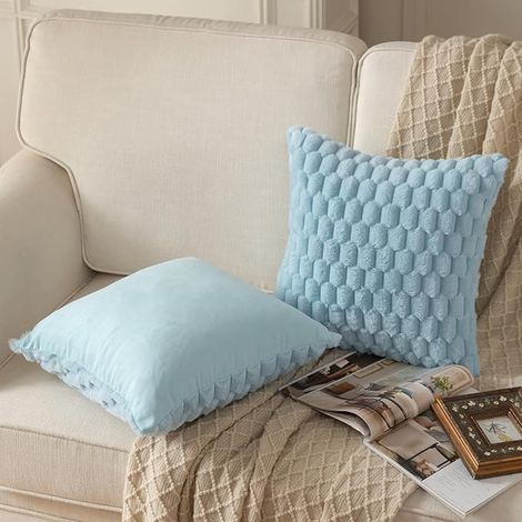 Doux Peluche Moelleux Housses de Coussin Fausse Fourrure Laine Velours Taie d'oreiller Canapé Chambre à Coucher Le Salon Bleu 40 x 40 cm (1/3)
