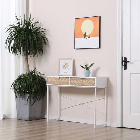 Console moderne à 2 tiroirs, table d'entrée en métal à structure croisée, table basse de salon, 100 x 30 x 75 cm, blanche