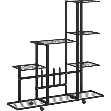 Support à plantes à roulettes, dimensions : 94,5 x 25 x 92,5 cm, métal noir. (1/5)