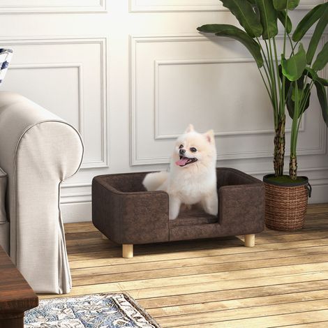 PawHut Canapé chien lit pour chien chat avec rebord coussin moelleux pieds bois massif dim. 74 x 48.5 x 31 cm revêtement micro-fibre chocolat