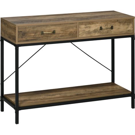 Console industrielle avec 2 tiroirs et étagère inférieure 100x35x76,5 cm noire et bois vintage pour entrée et salon (1/5)