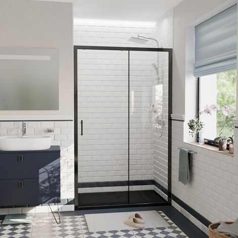 Ceramia PURA Duschtür 100x195cm Schiebetür Antikalk mit Profilen Mattschwarz (CERAHP100B)