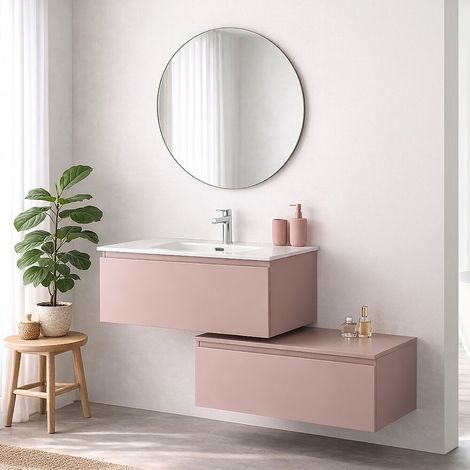 Mobile bagno sospeso 90 cm rosa con lavabo integrato e cassetto Nuvola (1/5)