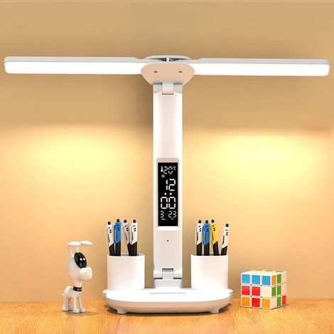 Lampe de bureau LED Table USB Double Tête Dimmable Luminosité avec Porte Stylo Écran Heure et Calendrier température (1/4)