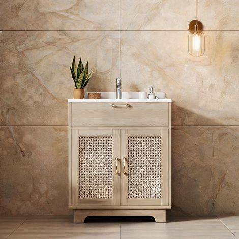 Meuble sous vasque autoportant 76 cm en céramique et MDF aspect (1/5)