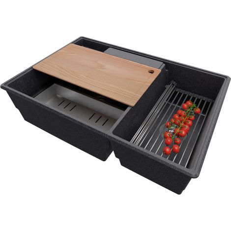 PRIMAGRAN Evier Cuisine en Granit 78x53cm,Lavabo 2 bacs + Kit de Vidage + Accessoires, Évier à Encastrer au meuble 80cm - Paris, Graphite (1/5)