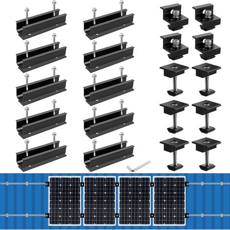 Kit de Fixation pour Panneau Solaire, Adapté à 4 Panneaux Solaires  10 Rails Courts Aluminium 120mm, 6 Pinces Centrales 30/35mm, 4 Pinces d’Extrémité 30/35mm, pour Panneau Solaire, Noir (1/5)