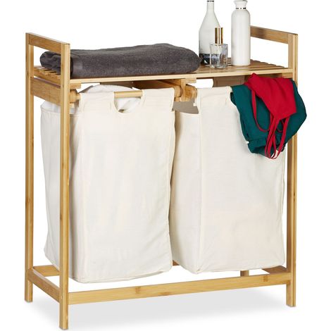 Relaxdays Bamboo Laundry Hamper, Clothes Sorter with Shelf, 2 Compartments, Pull-Out & Portable, 60 L Basket, Natural